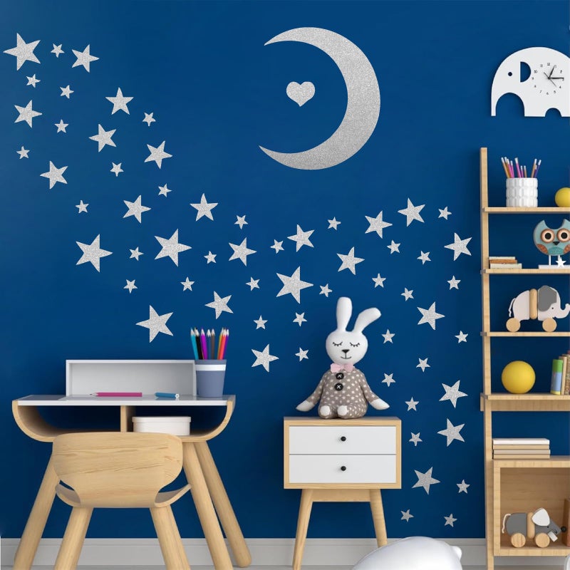 Easma Star Wall Decals (191stars+1moon+1heart) 3 Size Silver Stars and Moon Decals Removable Peel and Stick Stickers Fits Kids Room Decor - Image 3